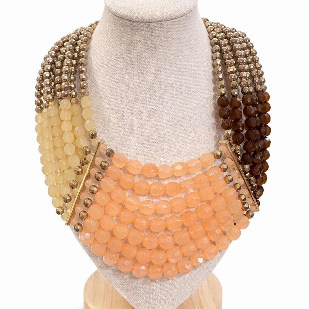Statement Multi-Strand Beaded‎ Necklace Peach Cream Brown Bib Necklace Boho Glam